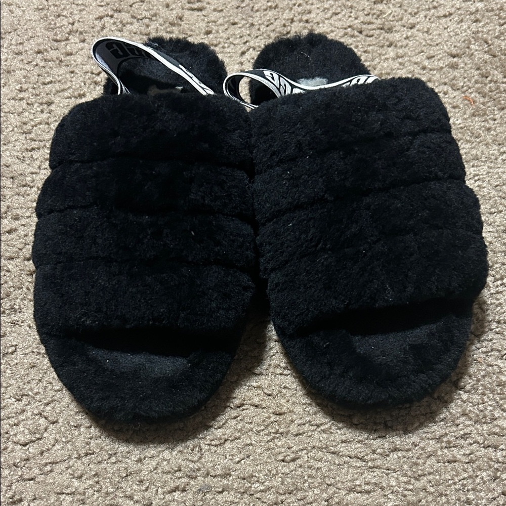 UGG Black Fuzzy Slippers with Logo Strap